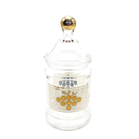 Vintage Glass Apothecary Lidded Jar Gold Grape Design Retro Vanity Decanter Dish - Picture 1 of 4